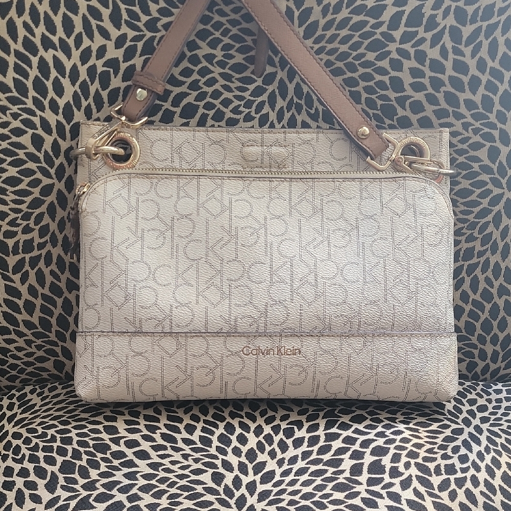 Calvin Klein Monogram Shoulder Bag in Beige and Brown